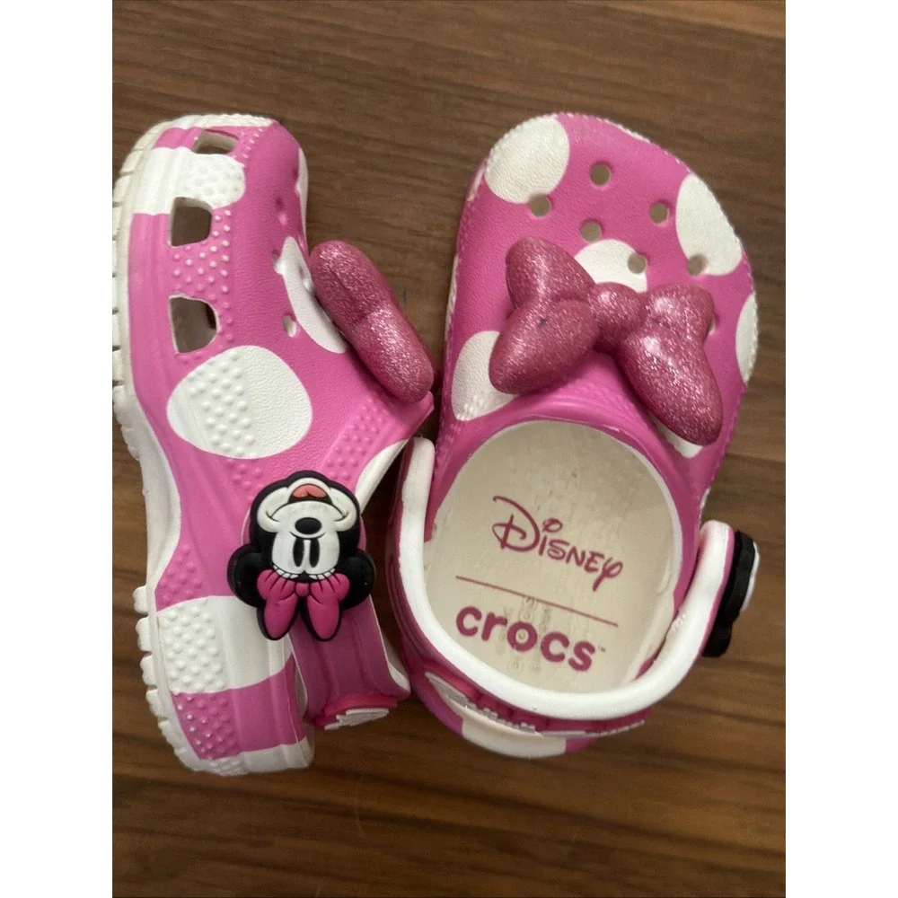 Crocs Disney Minnie Mouse Glitter Pink 4C Slip On Clogs Shoes VGC